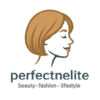Logo for Perfectnelite featuring a minimalist profile illustration of a woman with a chic light-brown bob hairstyle, the brand name in navy serif font, and the tagline “beauty · fashion · lifestyle” beneath on a soft beige background.