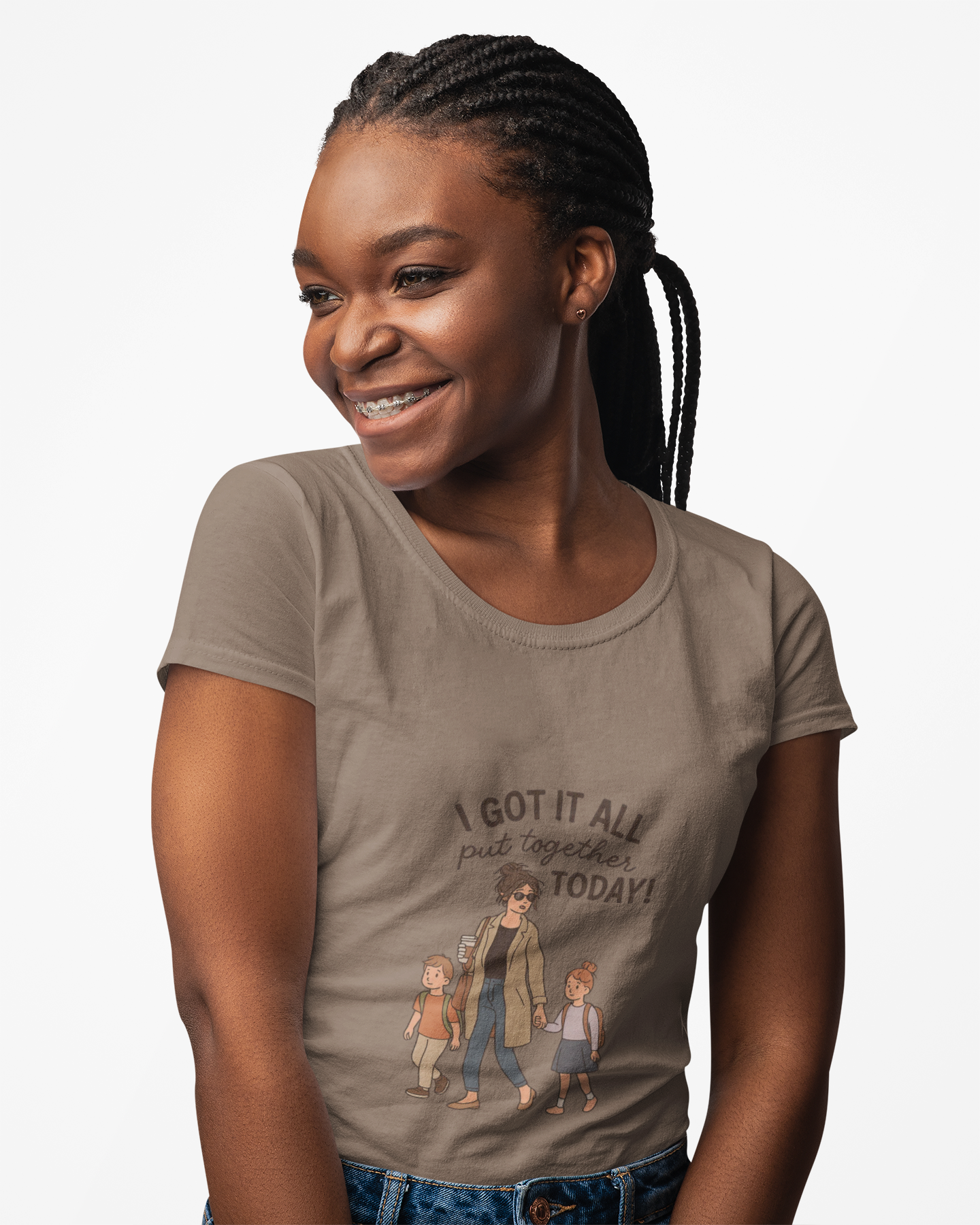 Smiling woman wearing funny mom life graphic t-shirt that says I Got It All Put Together Today – casual women’s fashion tee for moms, school drop-off, and everyday style.