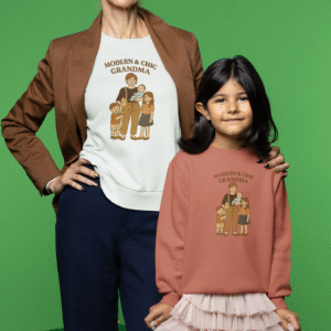 Stylish grandmother and granddaughter wearing matching “Modern & Chic Grandma” sweatshirts, showing modern family fashion by PerfectnElite.