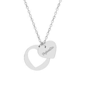 PerfectnElite silver heart necklace with double-charm design, modern minimalist jewelry for women.