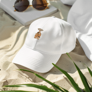 White “Modern & Chic Grandma” hat placed on sand beside sunglasses and a book, showcasing minimalist summer style.